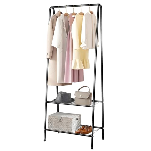 Youyijia Kleiderständer Metall Kleiderstange 60 cm x 151 cm Kleiner Garderobenständer für Schlafzimmer mit Schuhablage Kleiderstange mit Zwei Regalen Kleiderstangen für Kleidung (Schwarz)
