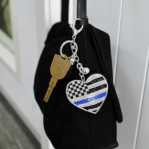2-Pack Thin Blue Line Heart Keychain - Rhinestone Embellished Accessory for Law Enforcement - Perfect for Keys, Bags, or Backpacks - 2.48 x 2 Inches