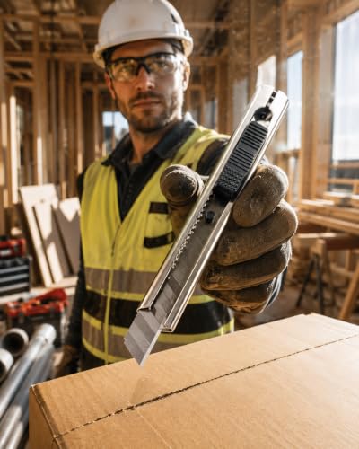 Image of Premium Stainless Steel Utility Cutter Set (3 Pieces) with FREE 10 Spare Blades. Heavy-duty, rust-resistant, sharp and durable for carton cutting, packaging, DIY, home and office use.