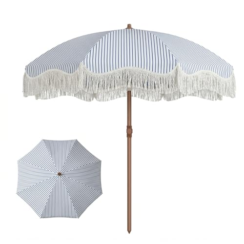 Patio Kingdom 7ft Patio Umbrella with Fringe, Boho Beach Umbrellas, Outdoor Tassels Umbrellas with Push Button Tilt & Carrying Bag, 8 Windproof Fiberglass Ribs, UPF50+, Blue and White Stripe