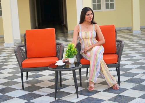 Image of DEVOKO 3 Piece Patio Outdoor All Weather Grey Rope Chair Bistro Set Furniture with Orange Cushions for Balcony, Garden, Backyard, Porch