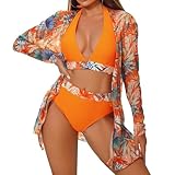 TERODACO 3 Piece Womens Bikini Sets Halter Neck Removable Padded Swimming Costume Women Soft Quick Dry Cover Ups for Ladies Beachwear Swimsuit Bathing Suit,Seamless Lightweight 6011 Orange L