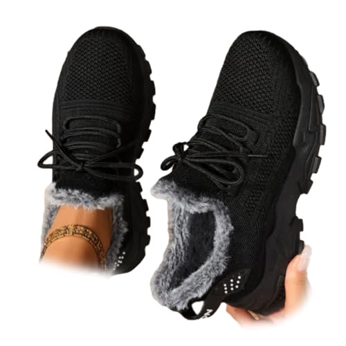 Zapatillas ortopédicas para mujer con forro de vellón para el invierno, ligeras con cordones, entrenadores ortopédicos de cuña ancha con soporte de arco, zapatillas atléticas, Black, 44 EU