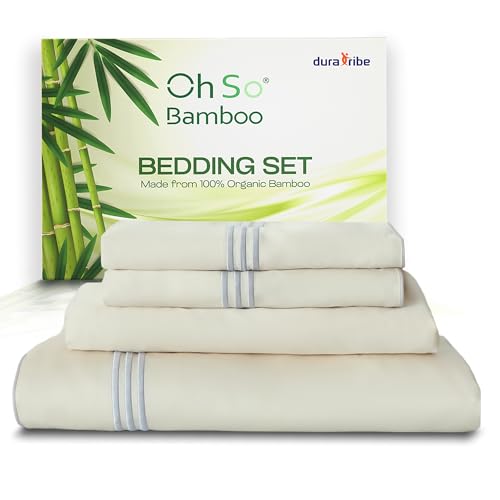 Oh So Bamboo 4 Piece Bedding Set – Ivory Pearl – Double – Embroidered Design – 100% Organic Bamboo Viscose Cooling Silky Soft & Smooth - Luxurious Comfort for a Restful Sleep – Hypoallergenic