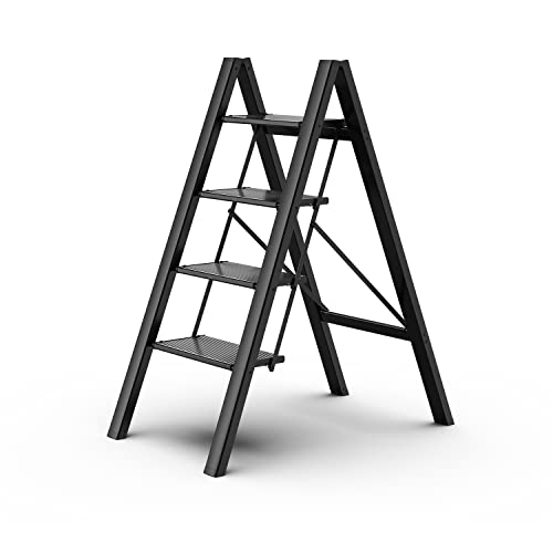 GameGem 4 Step Ladder Folding Step Stool with Anti-Slip Sturdy and Wide Pedal for Adults&Elderly, Aluminum Portable Lightweight Stepladder for Home Kitchen Office, Black, 330lbs — gift idea for moms