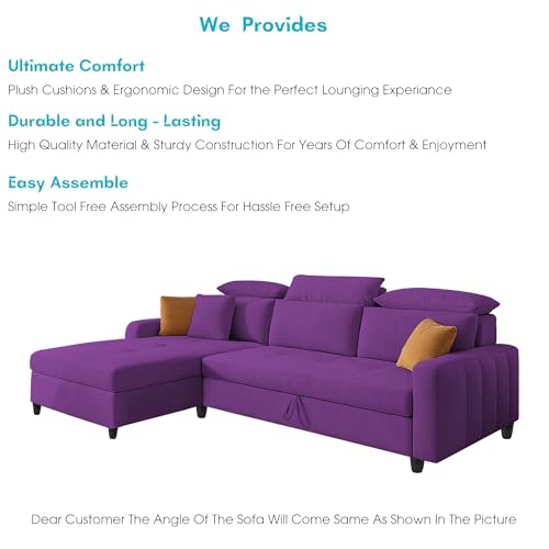 Image of Casaliving Gagnon LHS 4 Seater L Shape Corner Sofa Cum Bed for Living Room (Purple Fabric) Premium Fabric Sofa