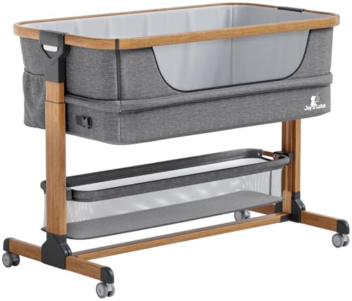 Image of JOY & LOTUS Baby Bassinet Bedside Sleeper for Baby with Wheels, Mesh Fold Down Slide & Adjustable Heights- Easy Folding Portable Crib with Storage Basket &Travel Bag