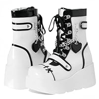 FQLGJMY Women's Gothic Chunky Platform Wedges Ankle Boots with Chain Heart Rivet Punk Mid-Calf Motorcycle Boots Round Toe Zipper Wedges High Heels Rave Buckle Thick Sole Knight Booties