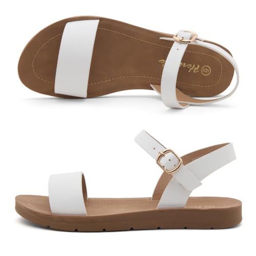 Image of Herstyle Flat Sandals for Women - Open Toe 1 Band Ankle Strap Summer Dressy Sandals, Lightweight Casual Strappy Slip-On Flats with Adjustable Buckle