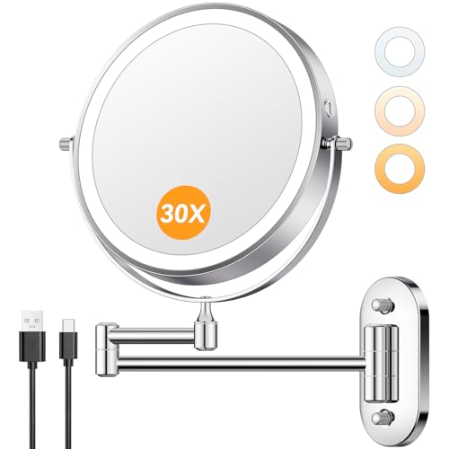 Auxmir 1X/30X Wall Mounted Lighted Makeup Mirror, 8' Rechargeable Double-Sided Magnifying Mirror with Light, Touch Dimmable 3 Color Light, 360° Rotation Foldable Extended Arm, Chrome
