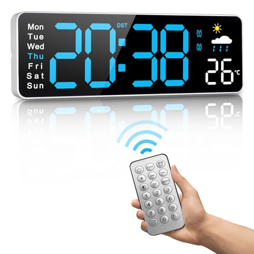 Despertador Digital con Control Remoto,12'' Reloj de Pared LED Digital, Reloj Despertador Digital Moderno con Cronómetro de Tiempo y Cuenta Regresiva,Brillo Ajustable,Hora,Fecha,Temperatura,Climático