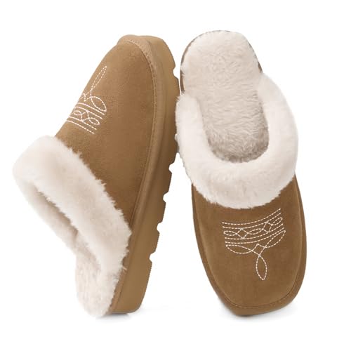 YOLIS Western Cowboy Boot Slippers, Fuzzy House Slippers for Women Memory Foam, Square Toe Cowgirl Slippers Suede Leather for Bedroom Indoor Outdoor