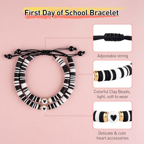 Image of First Day of School Mommy and Me Matching Bracelet Set kindergarden Pre-K Back to School Gifts Adjustable Heart Clay Bead Jewelry for Mother Daughter Dad Son