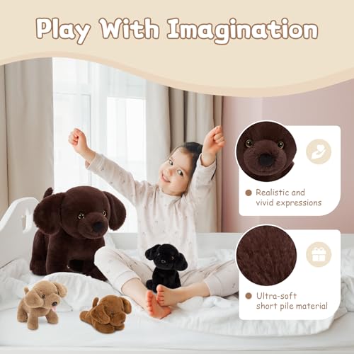 MorisMos 4 stücke Labrador Retriever Plüschtier Set, 40cm riesen Hund Kuscheltier Stofftier XXL Realistisch mit 3 Babys welpen im Bauch, Plüschhund Weihnachten Geschenk für Kinder Baby