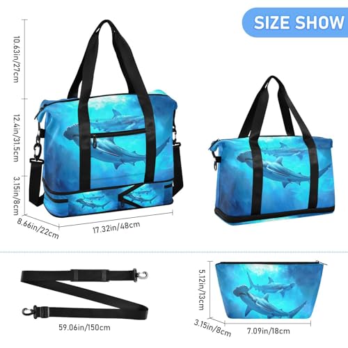 ALAZA Sharks Underwater Travel Duffel Bag for Women Men Sports Gym Bag with Shoe Compartment Tote Weekender Overnight Bag with Wet Pocket for Travel, Gym,Yoga,Swimming3