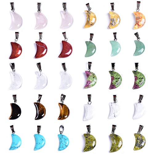 JIC Gem 30 Pieces Moon Shape Stone Pendants Natural Gemstone Healing Crystal Pendant Quartz Charms for Necklace Earring Bracelet Jewelry Making