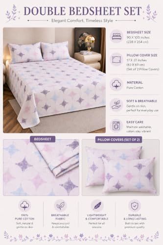 Image of Amazon Brand - Umi Elegant Printed Double Bedsheet 90x100 Inch | 100% Soft Cotton 160 TC | King Size Bed Sheet with 2 Pillow Covers 17X27