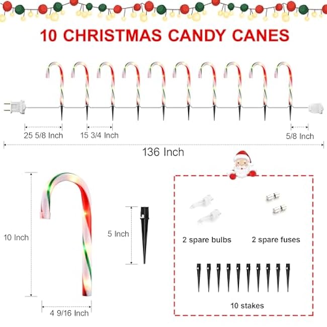 Ultimate Unicorn 10 Christmas Candy Cane Lights (10PCS) for Landscape Decoration, Outdoor Pathway Makers Lights, Candy Cane Walkway Lights Red & Green(Include Stakes)