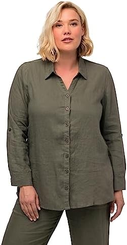 Ulla Popken Womenswear Plus Size Curvy Oversize Roll-Tab Sleeve Button Front Linen Blouse Loden Green 54+ 794882190