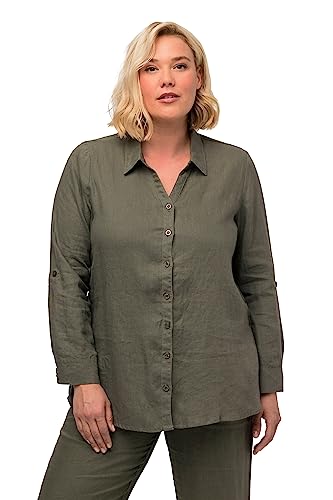 Ulla Popken Womenswear Plus Size Curvy Oversize Roll-Tab Sleeve Button Front Linen Blouse Loden Green 54+ 794882190 #TOP3