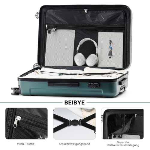 BEIBYE Handgepäck Koffer M 55 cm – Kabinenkoffer aus ABS, leicht, 360° Doppelrollen, Reisekoffer für Kurzreisen, Dunkelgruen – Ansicht 6