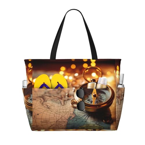 Compass Map Nautical Beach Tote Bag For Women Beach Bag Waterproof And Sandproof Tote Bag Large Travel Bag