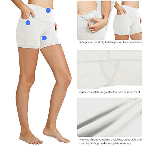 Baleaf Women's Biker Shorts High Waist Compression Volleyball Spandex Yoga Workout Running Tummy Control Pockets 5" White M #TOP3