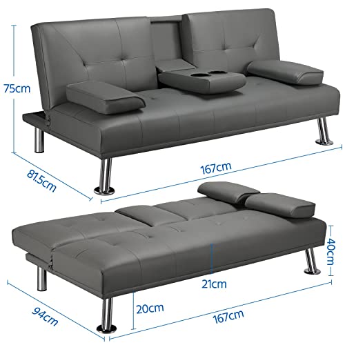 Yaheetech 3er-Sofa Schlafsofa Couch mit Tassenhalter Gästebett, Rückenlehne neigbar 105°/140°/180°, 167 x 81,5 x 75 cm, 350 KG belastbar, grau Kunstleder – Bild 4