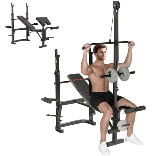SPORTNOW Banco de Musculación Multifuncional Inclinable, Banco de Pesas, Press Banca con Soporte para Barra Ajustable, Extensión Piernas, Curl de Predicador, Mariposa, Entrenamiento en Casa, Gimnasio
