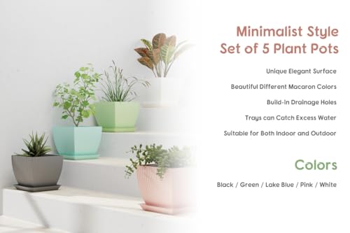 Image of StyleX Store Plastic Square Flower Pots with Tray | Durable Outdoor Indoor Planters with Drainage Hole Saucers | Stylish Plant Containers for Home, Garden, Office, and Balcony (Set of 5, Multicolour)