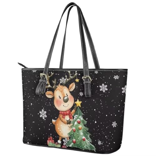 Image of Coldinair Christmas Leather Tote Bag for Women with Zipper Large Shoulder Tote Bag Shopping Casual Travel Bag Handbag Purse