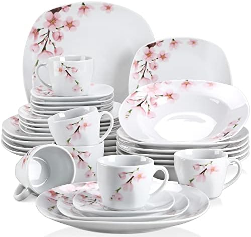 VEWEET, Series Annie, 30-Piece Porcelain Dinnerware Set with Pink Floral Pattern, White Plates and Bowls Sets including Dinner Plates, Dessert Plates, Soup Plates Set, Cups & Saucers, Dishes Set for 6