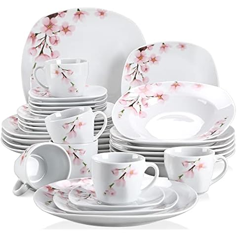 VEWEET, Series Annie, Porcelain Dinnerware Sets for 6, White Dish Set with Pink Floral, 30 PCS Dinner Sets Including Dinner Plates, Dessert Plates, Soup Plates Set, Cups & Saucers Cover