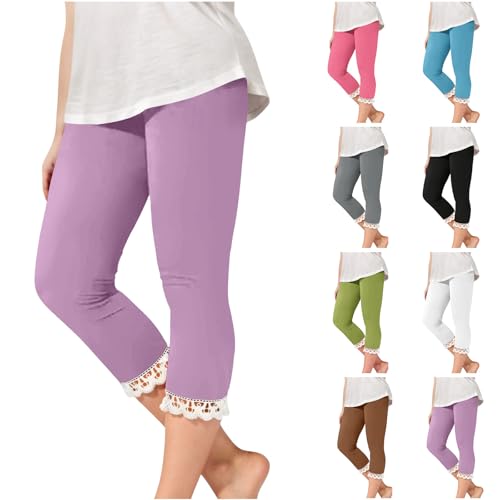 Girls Lace Trim Capri Leggings Stretchy High Waisted Yoga Cropped Cute Summer Lightweight Dance Tights 2-13Y2