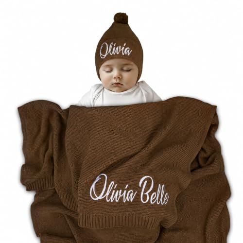 Personalized Baby Blanket 100% GOTS Organic Certified Customized Swaddle Blanket with Name Receiving Blankets for Boys and Girls Perfect Custom Gifts for Newborns Kids and Baby Showers Blue