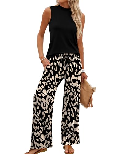 WIHOLL 2 Piece Set for Women Summer Spring Outfits Cruise Travel Airport Beach Vacation Clothes Trendy Lounge Sets Mock Neck Matching Women Clothing Wide Leg Pants Set M - view 3