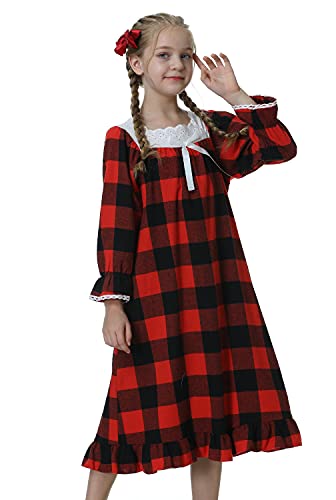 Girls' Flannel Classic Plaid Pajamas with Long Sleeve Nightgown Sleepwear Dress 3-13Years4