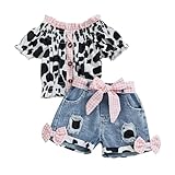 Emmababy Western Baby Girl Clothes Cow Print Shirt Off Shoulder Smocked Top and Jeans Shorts Cowgirl Outfit Toddler Denim Set (Pink, 12-18 Months)