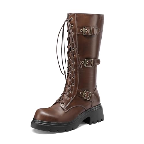 BEAUPAS Women's Combat Boots Knee High Platform Boots with Buckles Lace-Up Gothic Chunky2