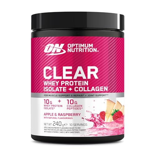 Optimum Nutrition Apfel-Himbeer-Geschmack: Fertiges Molkenprotein-Isolat und Kollagenpeptid-Pulver mit Vitamin C und D, mit Süßungsmitteln, 10 Portionen, 240 g