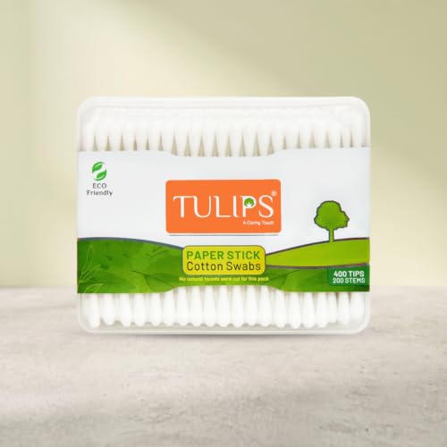Image of TULIPS Cotton Ear Buds /Swabs (Pack of 3) with white PAPER Sticks 200 /400 Tips in a Flat Box