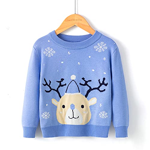 Boys Girls Reindeer Print Sweater Toddler Child' Christmas Long Sleeve Knitted Pullover Warm Sweater Tops Cute (Blue, 5-6 Years)2