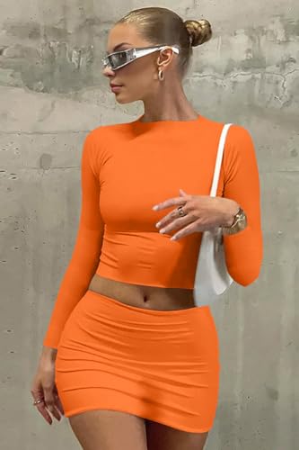 Image of LAGSHIAN Women Sexy 2 Piece Outfits Long Sleeve Crop Top Bodycon Mini Skirt Club Suits Dress