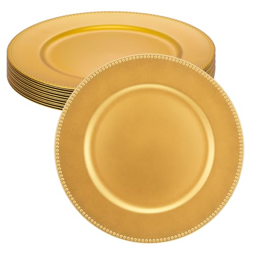 Xaajooio 12 Pack Gold Plastic Charger Plates, 13 Inch Round Beaded Decorative Dinner Chargers for Wedding, Party, Table Setting and Event Decor Xaajooio 12 Pack Gold Plastic Charger Plates, 13 Inch Round Beaded Decorative Dinner Chargers for Wedding, Party, Table Setting and Event Decor