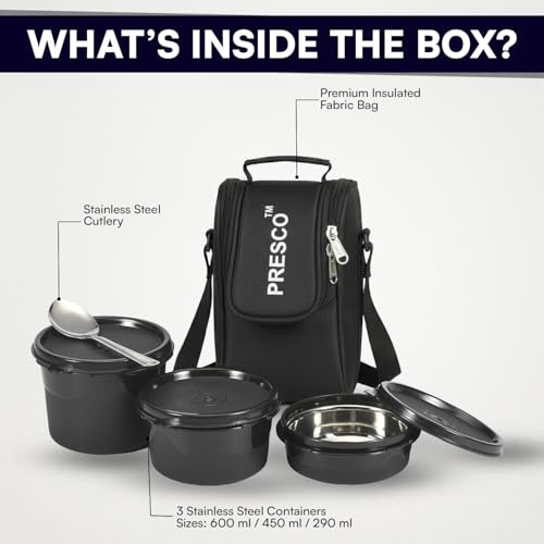 Image of PRESCO Insulated Lunch Box Set (3 Microwave Safe Inner Steel Containers,600 /450 /290ml; with Steel Spoon) with Insulated Fabric Bag, Lunch Box for Office Use, Leak Proof, Tiffin Box for Men