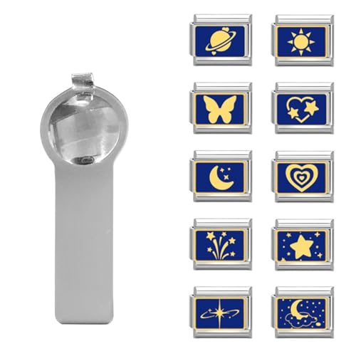 papasgix Italian Charm Bracelet Charms Silver Pack Links Bulk with Opening Tool 9mm Italian Charms Blue Star Moon Italian Modular Bracelet Links Handmade DIY Jewelry