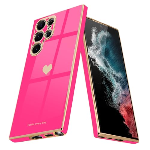 Teageo for Samsung Galaxy S22 Ultra 5G Case for Women Girl Cute Love-Heart Luxury Soft Back Cover Raised Full Camera Protection Bumper Silicone Shockproof Phone Case for Galaxy S22 Ultra, Hot Pink