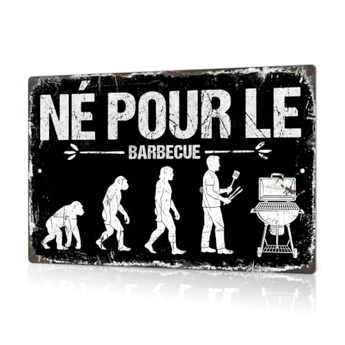 Putuo Decor Plaque Aluminium 20x30 cm “Né pour Le Barbecue”, Panneau métal Humour évolution, déco Murale Vintage Noir Blanc, Cuisine d’été terrasse...