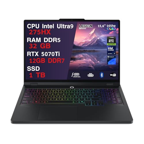Lenovo Legion Pro 5 Pc Gaming Portatile ULTRA 9 275HX 20 Core, 32 GB RAM DDR5, GeForce RTX 5070Ti 12GB, SSD 1TB,Notebook Gaming Oled Display 16' 165Hz,Laptop Gaming Tastiera RGB, WiFi 7, Thunderbolt 4