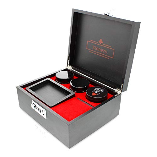 Stash box combo kit, Extra large stash box , Wooden Storage box with Rolling Tray black , Herb Grinder, and 2 UV airtight glass stash jars , Stash box with accessories, Smoking Accessories Organizer